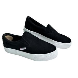 Superga Black White Womens Canvas Low Top Platform Slip On Sneaker